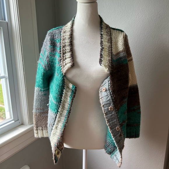 Anthropologie SHAE Teal, Gray & White Cardigan Sweater | Size M - Picture 6 of 9
